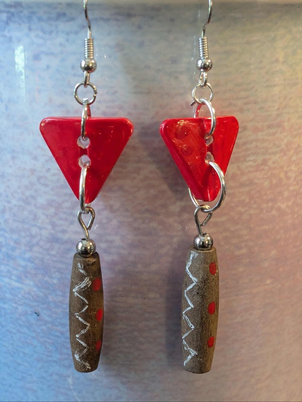 Red Triangle & Brown Tribal Bead Dangle Earrings